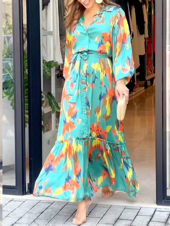 Long Sleeves Printed Shirt Lace-up Maxi Dress