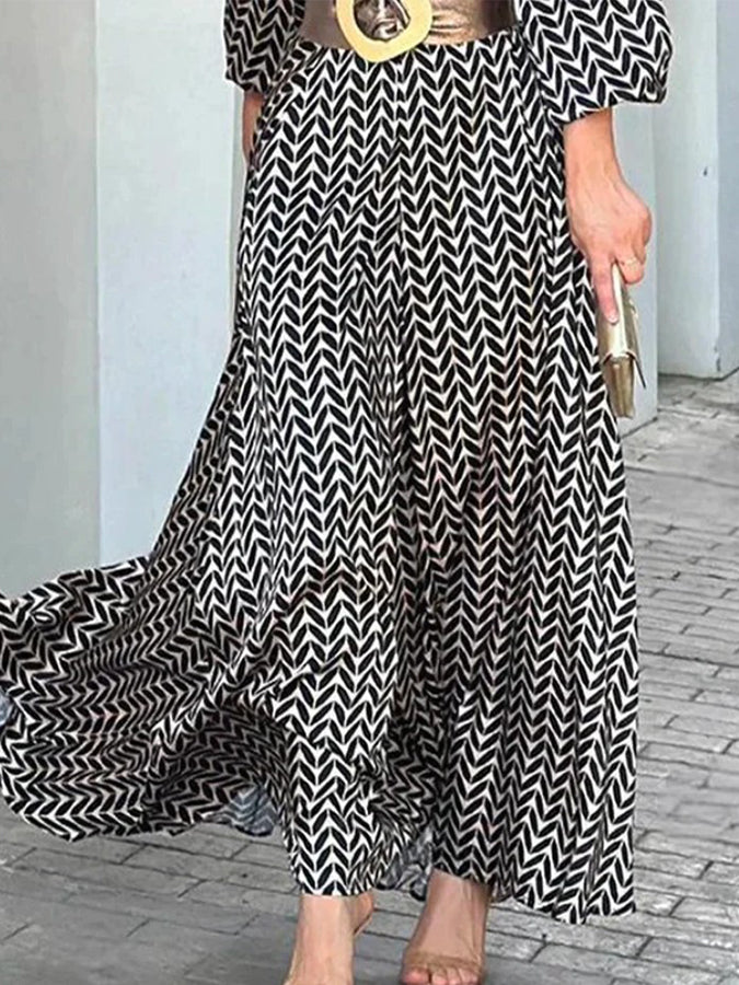 Black Geometric Printed Long Sleeves Maxi Dress