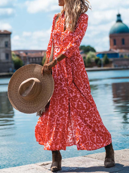 Red Printed Long Sleeves Maxi Dress