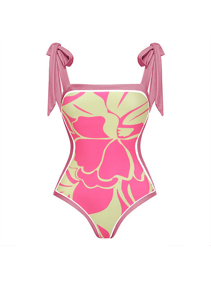 Ruffle Cut Out Flower Printed One Piece Swimsuit and Skirt