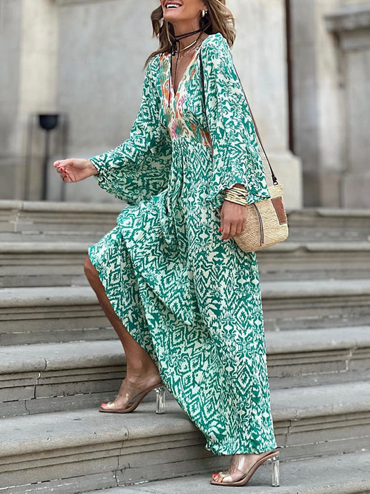 Green Printed Long Sleeves V Neck Maxi Dress