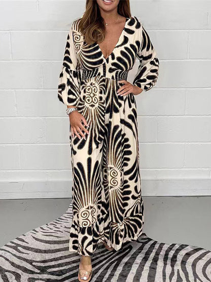 Geometric Printed Long Sleeves V Neck Maxi Dress