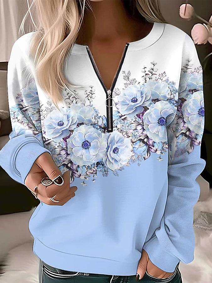 V Neck Zipper Long Sleeves Sweatershirt