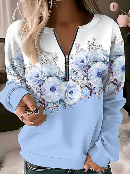 V Neck Zipper Long Sleeves Sweatershirt