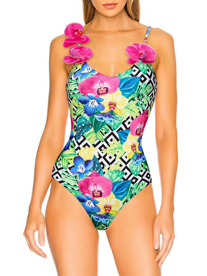 3d Orchid One Piece Swimsuit With Neck Scarf and Skirt