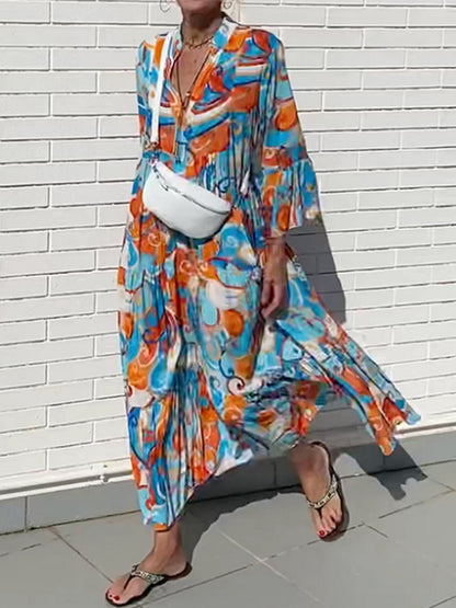Frill Sleeves Abstract Printed Maxi Dress