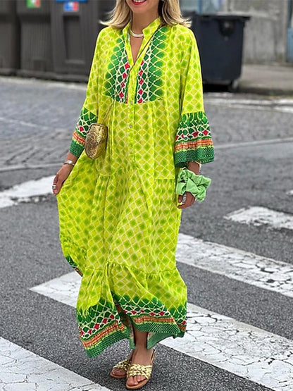 Tribal Long Sleeves Printed Loose Maxi Dress