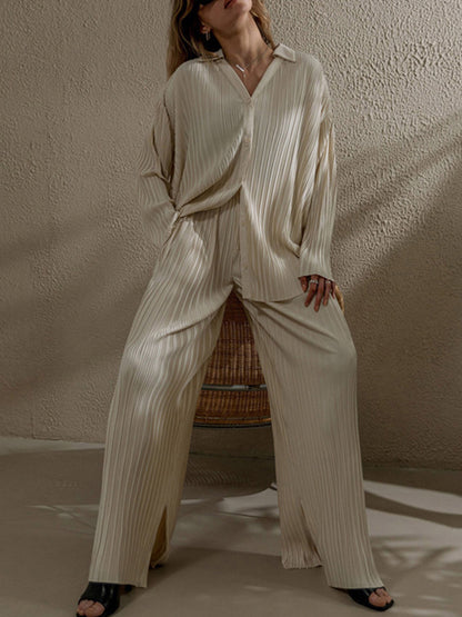 Beige Long Sleeves Shirt and Pants Sets