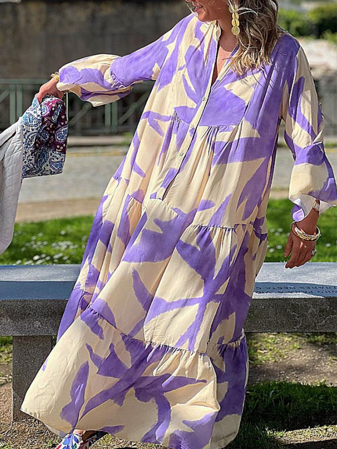 Bell Sleeves Printed V Neck Maxi Dress