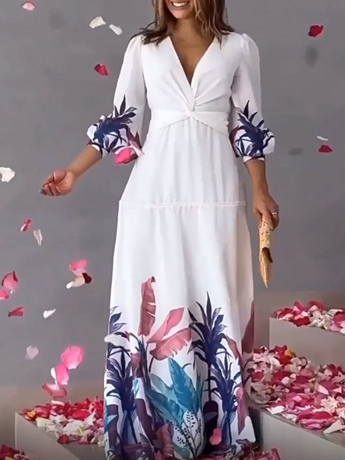 White Long Sleeves Printed V Neck Maxi Dress