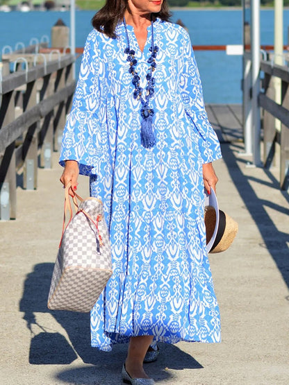 Long Sleeves V Neck Geometric Holiday Printed Maxi Dress