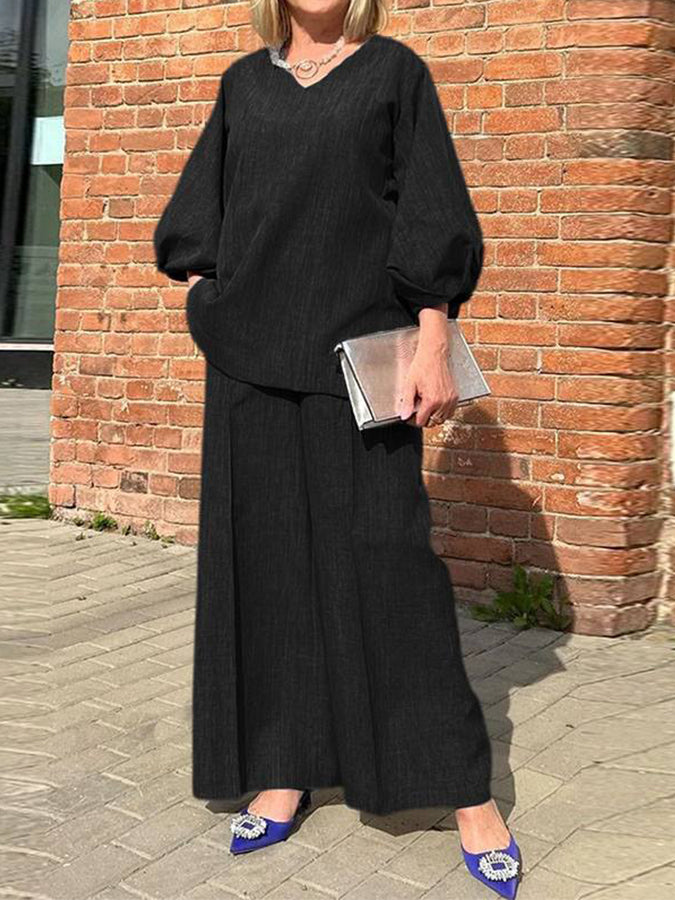 Puff Sleeves Top and Wide-leg Pants Sets