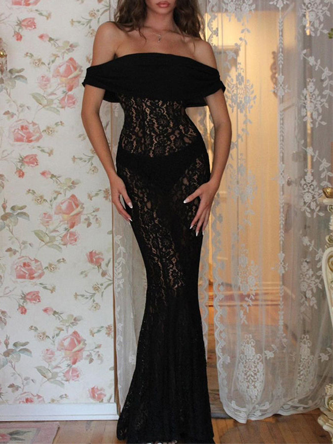 Lace See-through Off Shoulder Mermaid Maxi Dress