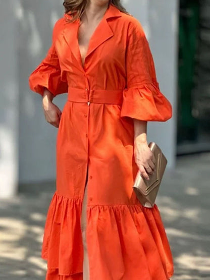 Puff Sleeves Shirt Maxi Dress