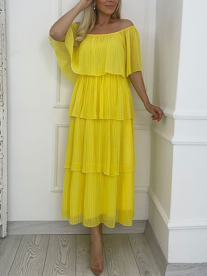 Yellow Off Shoulder Pleated Ruffle Maxi Dress