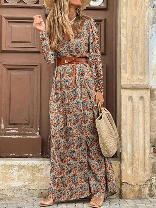 Long Sleeves Printed V Neck Maxi Dress With Belt