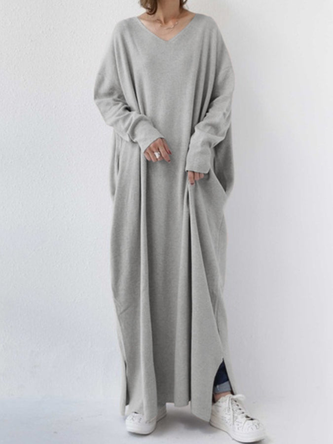V Neck Long Sleeves Knit Maxi Dress
