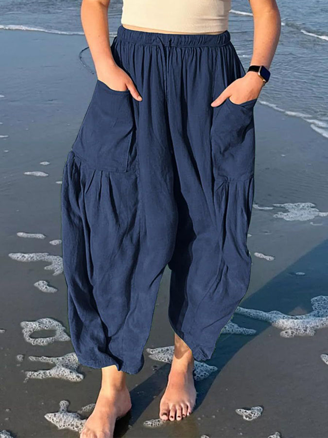 Elastic Waist Pockets Wide-leg Pants