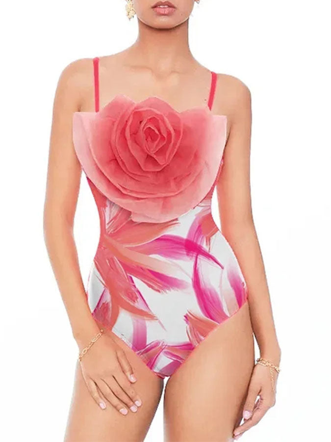 Sling 3d Flower Printed One Piece Swimsuit and Skirt