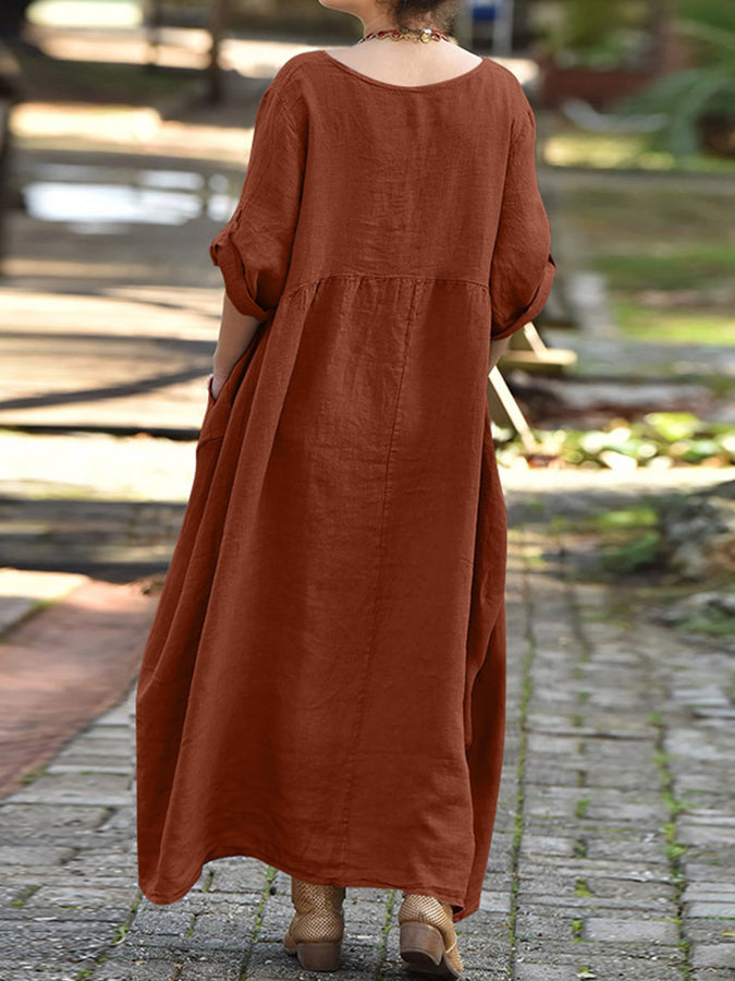 Round Neck 3/4 Sleeves Maxi Dress