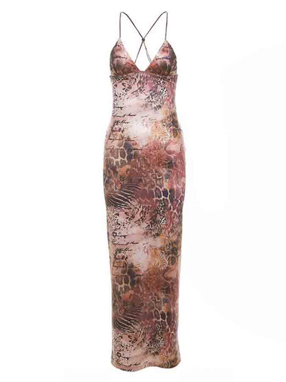 Backless Halter Printed Slim Maxi Dress
