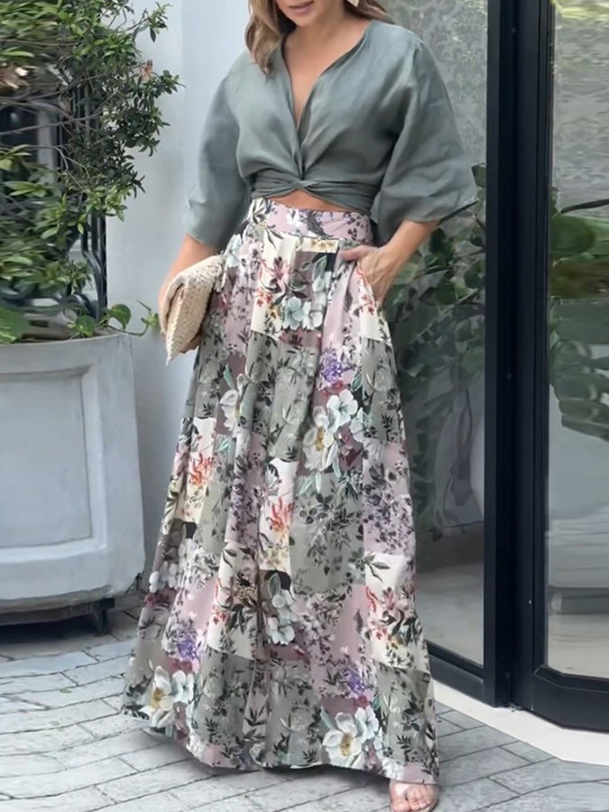 Shirt and Printed Wide-leg Pants Sets