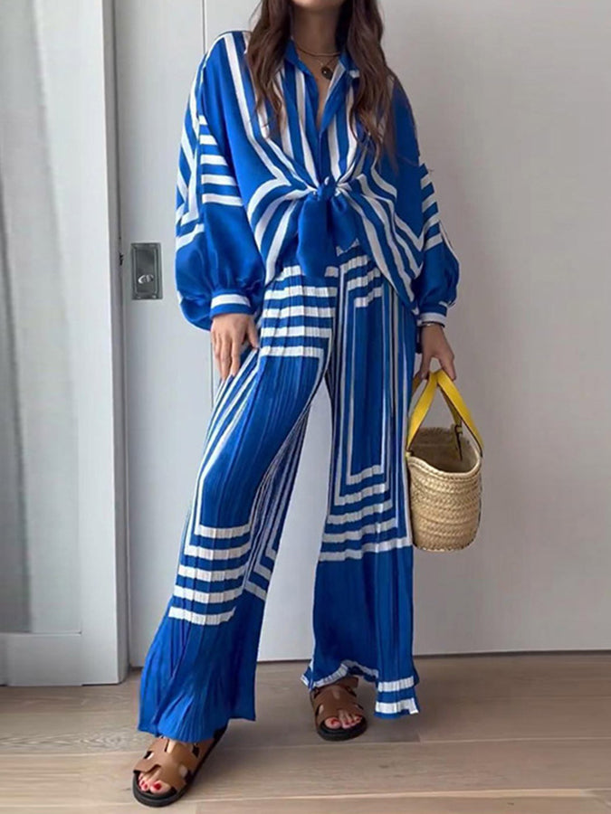 Long Sleeves Striped Blouse& Pleated Wide- Leg Pants Set