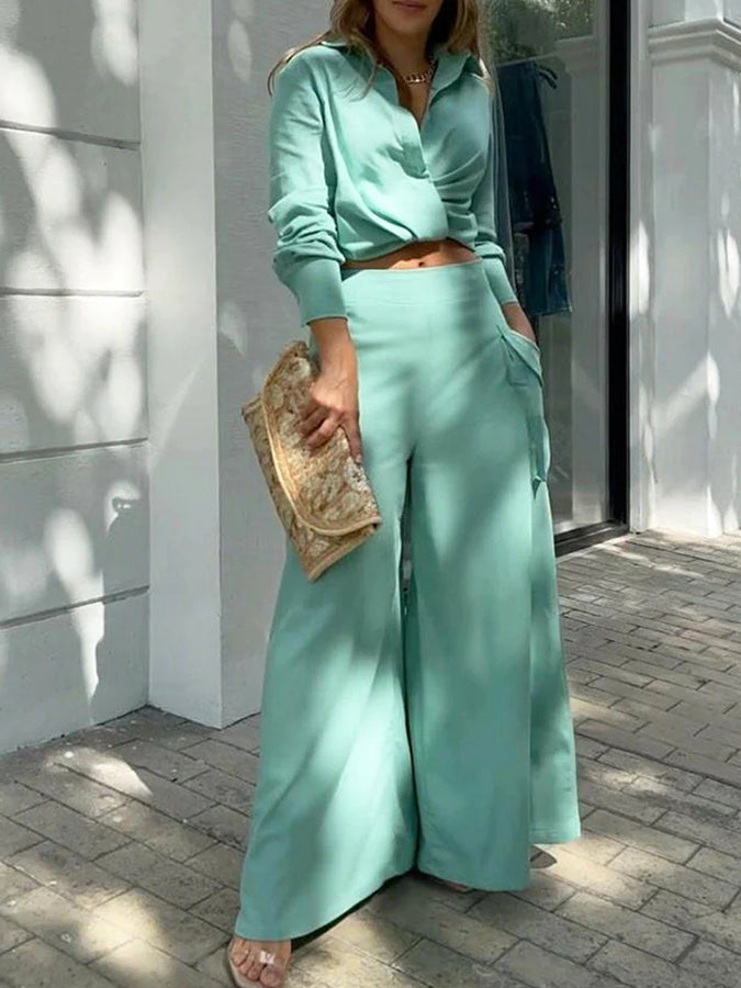 Long Sleeves Shirt and Pockets Wide-leg Pants Sets