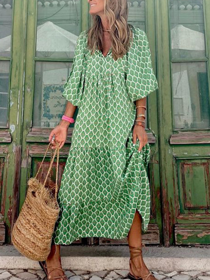 Geometric Print Puff Sleeve Maxi Dress