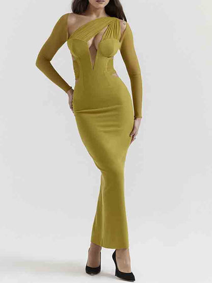 Long-sleeved Mesh Spliced v-neck Slim Long Dress