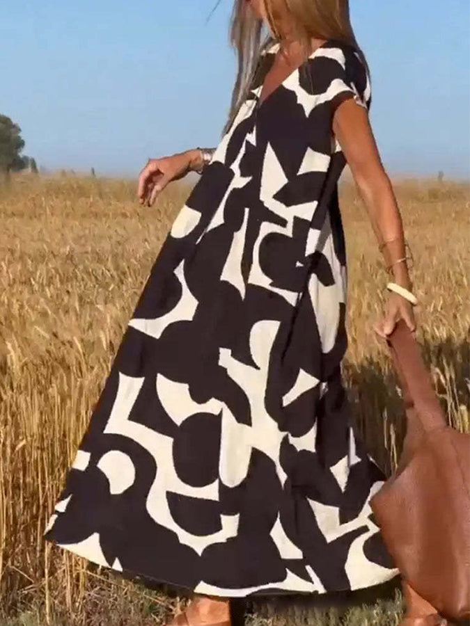 V Neck Short Sleeves Geometric Printed Maxi Dress