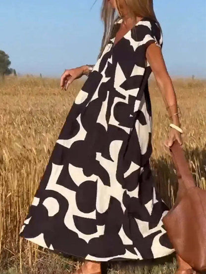 V Neck Short Sleeves Geometric Printed Maxi Dress