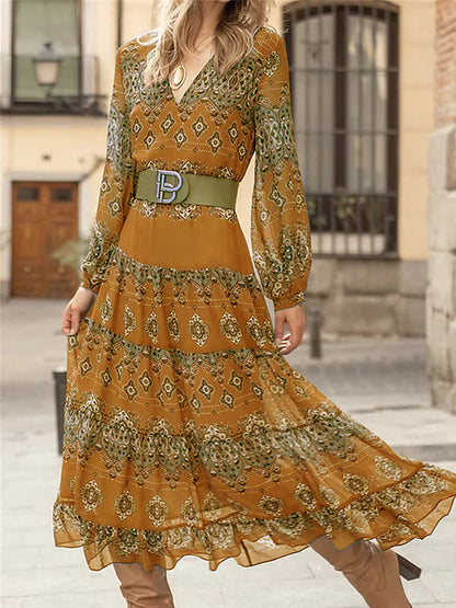 Long Sleeves Printed V Neck Maxi Dress