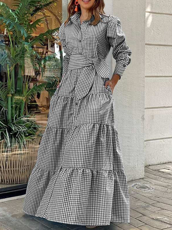 Long Sleeves Plaid Shirt Maxi Dress