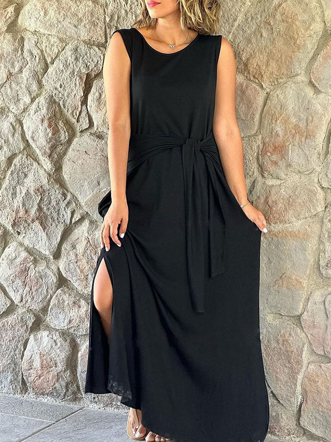 Round Neck Lace-up Slit Maxi Dress