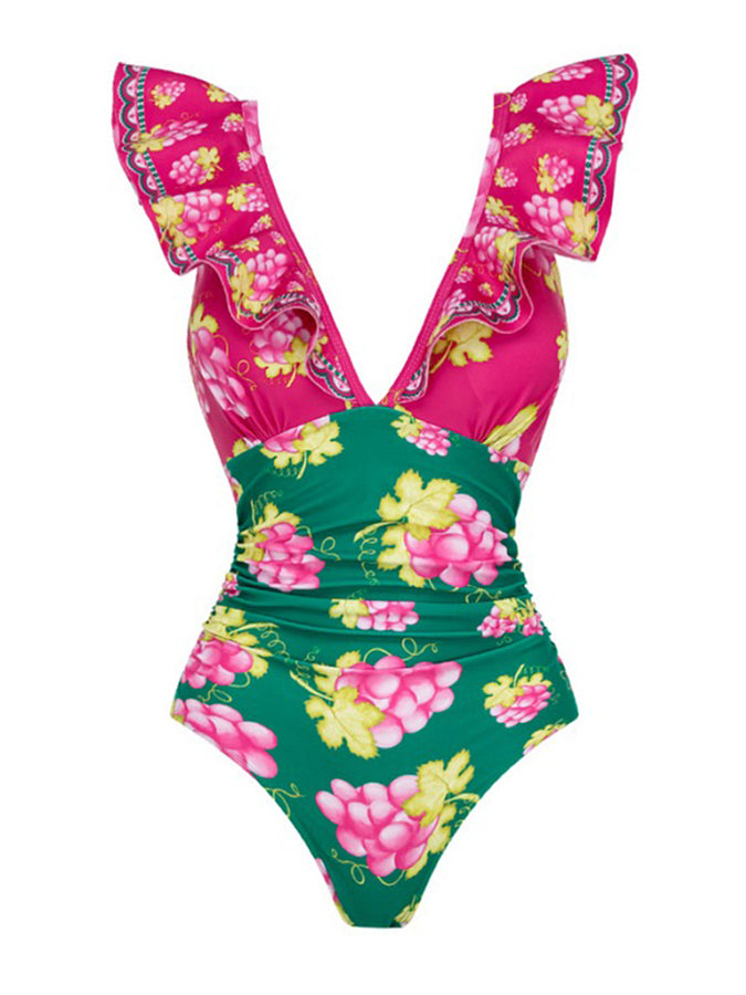 Ruffled Deep V Retro Green Grapes Print One Piece Swimsuit and Skirt