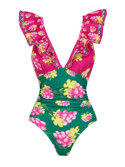 Ruffled Deep V Retro Green Grapes Print One Piece Swimsuit and Skirt