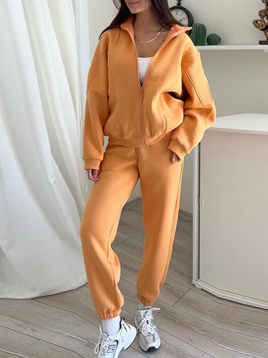 Plush Standing Collar Long Sleeved Sweatshirt and Pants Suit