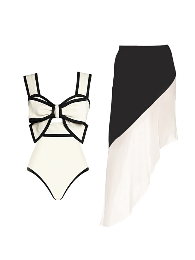 Black and White Bow Decor One Piece Swimsuit and Skirt