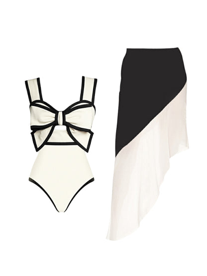 Black and White Bow Decor One Piece Swimsuit and Skirt