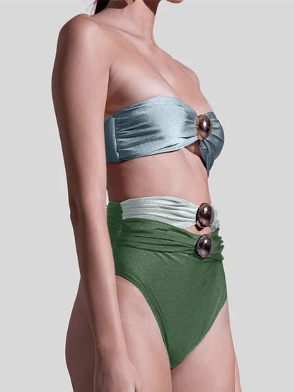 Sling Color Block Cutout High Waist Bikini Swimsuit and Skirt