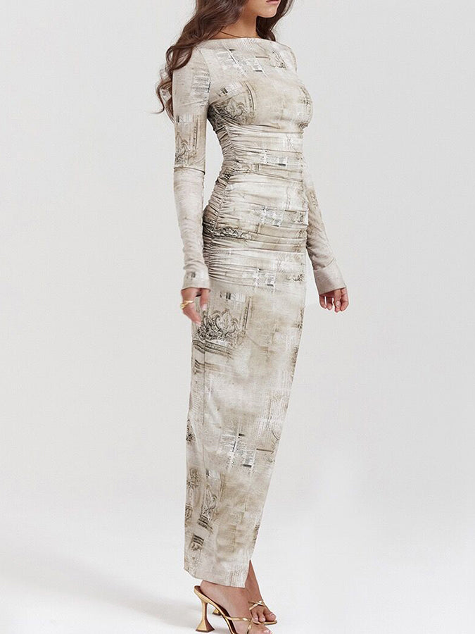 Long Sleeves Round Neck Printed Slim Maxi Dress