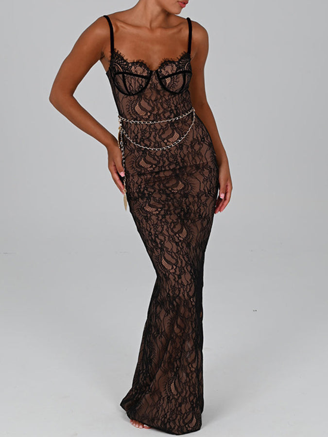 Lace Paneled Suspender Slim Maxi Dress With Belt