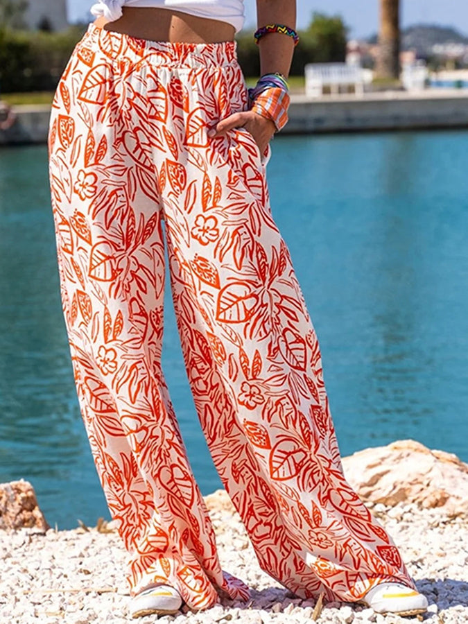 Printed Pockets Elastic Waist Wide-leg Pants
