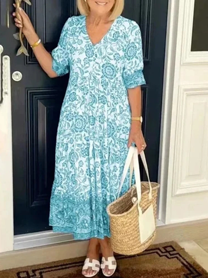 V-neck Print Loose Maxi Dress