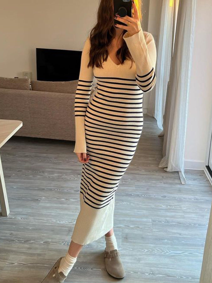 Long Sleeves Stripes Knitted V Neck Maxi Dress
