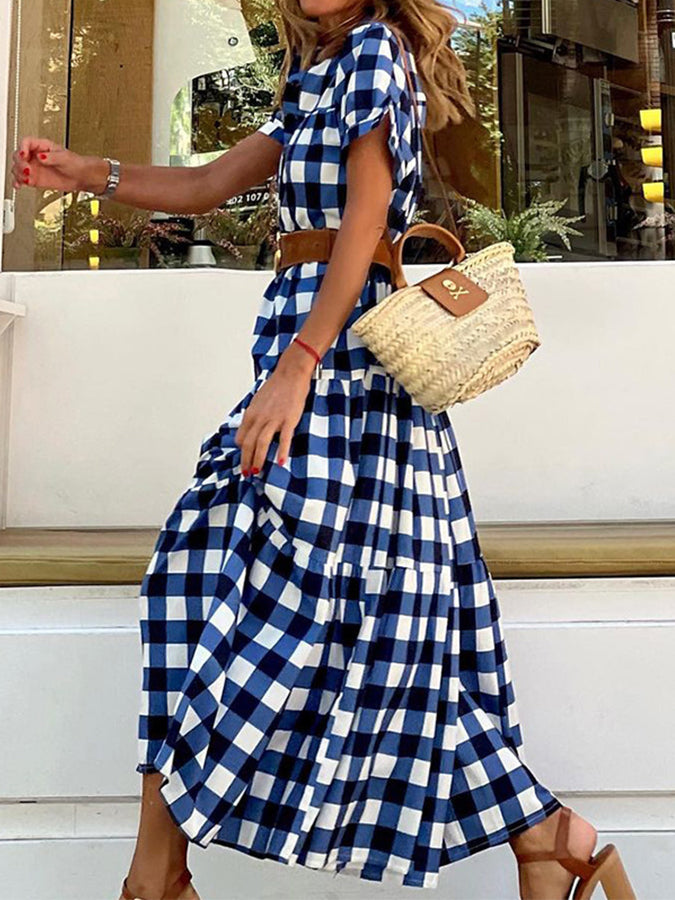 Plaid Short Sleeves Shirt Collar Maxi Dress Without Belt