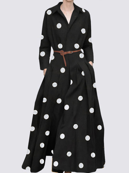 Polka Dots Printed Long Sleeves Shirt Maxi Dress