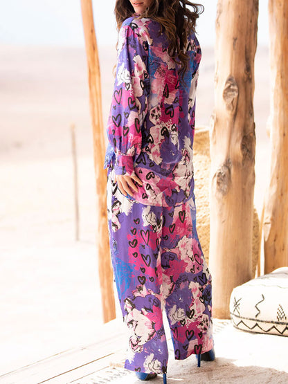 Heart Flower Printed Long Sleeves Shirt and Pants Sets