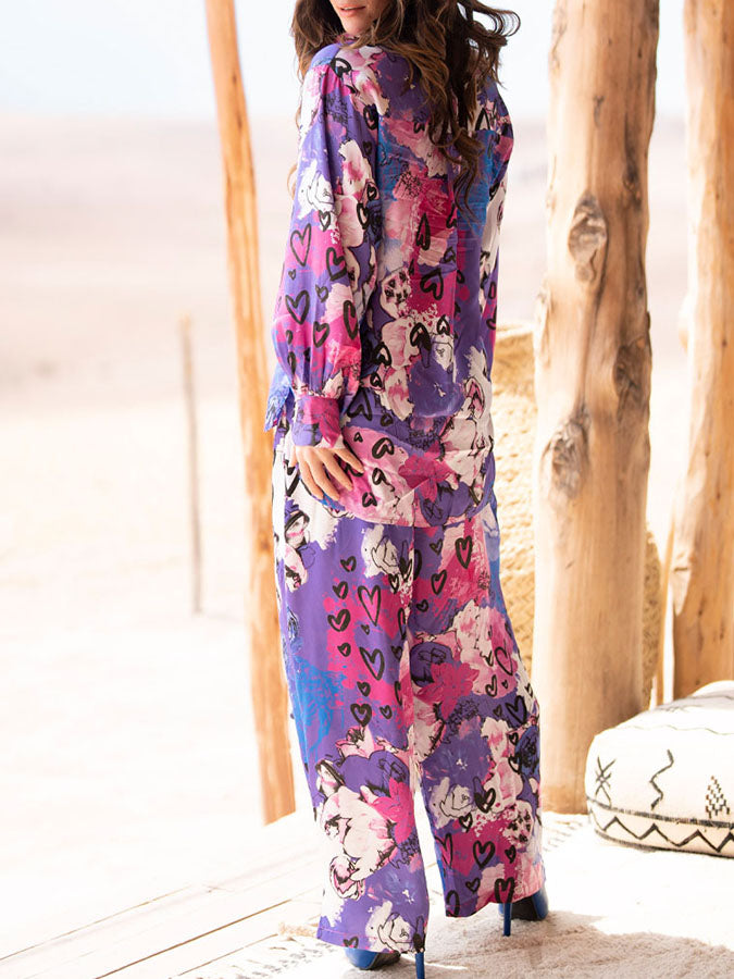 Heart Flower Printed Long Sleeves Shirt and Pants Sets